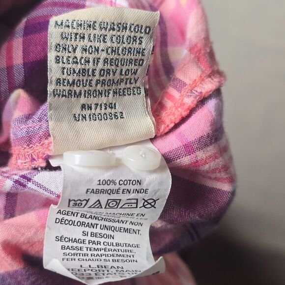 LL Bean Girls Cotton LS Button Up Pink White Navy Plaid Blouse Size L Pet - Picture 6 of 7
